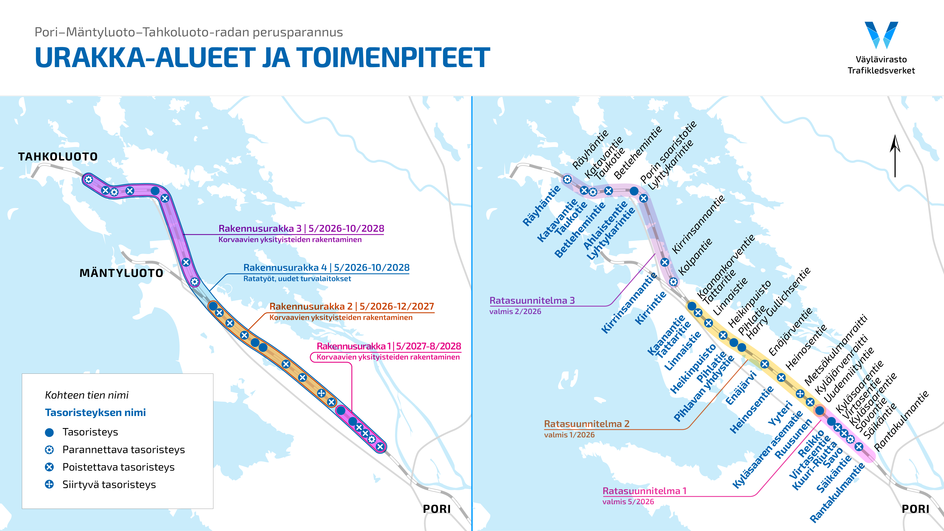 Kartalla näkyvissä hankkeen urakka-alueet sekä poistettavat ja muutettavat tasoristeykset.