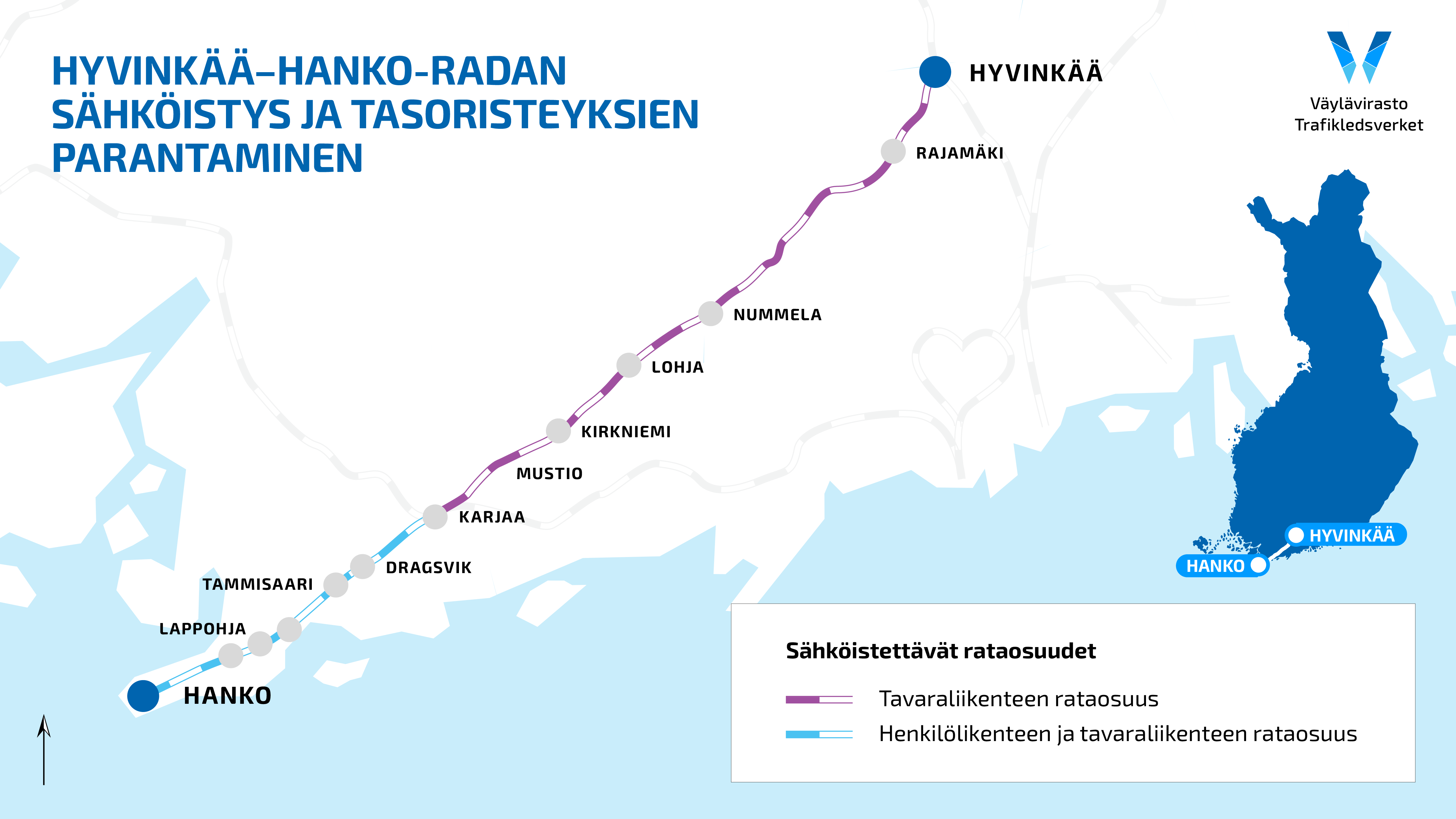 Hyvinkää-Hanko-rataosa ja paikkakunnat merkittynä